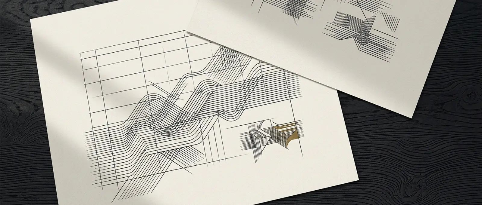 Engraved plates showing abstract economic line series on a dark surface